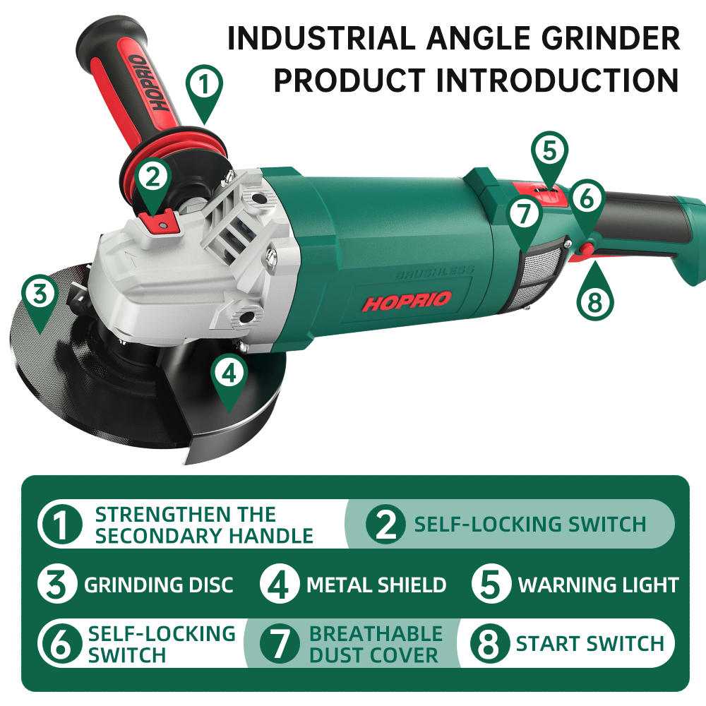 2600W High Quality Factory 180mm Industrial Grade Brushless Grinding Tool Electric Brushless Angle Grinder Machine