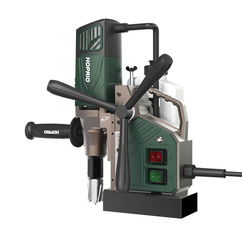 Industrial magnetic drill machine secured to a steel beam for precision drilling operations